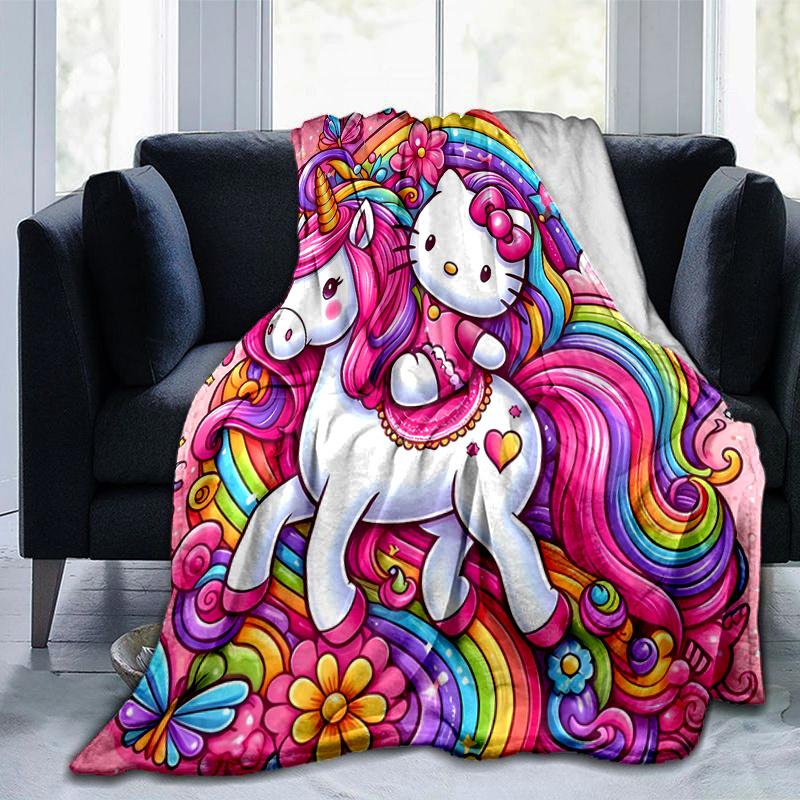 1pc Hello Kitty Riding a Unicorn Cartoon Blanket, Soft Throw for Home Decor, Gift Idea, Living Room, Travel, Camping, Car Blankets, Beach, Office Naps