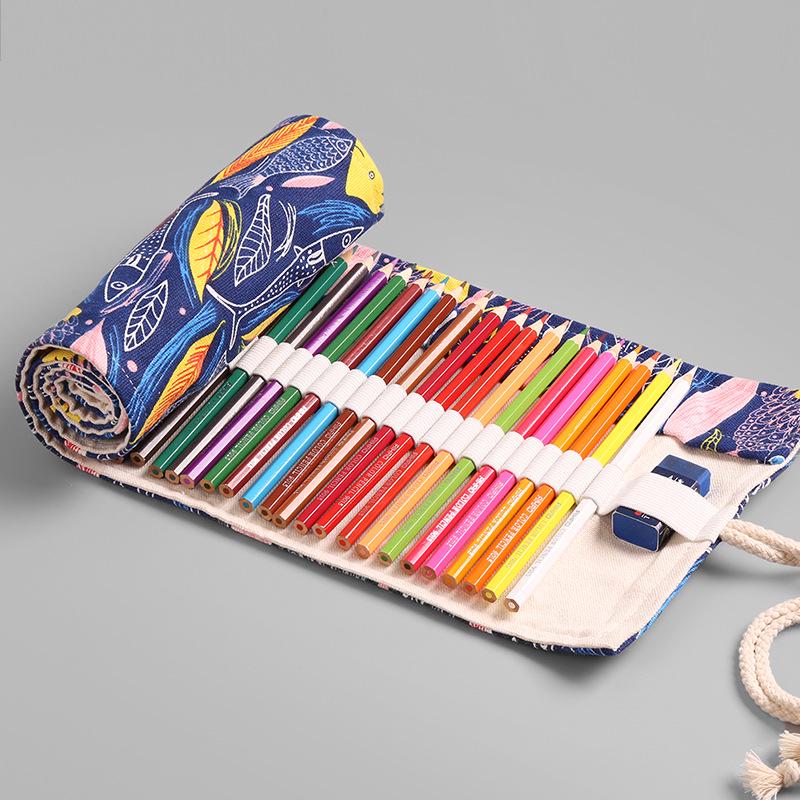 Colorful Fish Canvas Pencil Case - 36/48/72 Holes Roll-up, Large Capacity, Stationery Bag