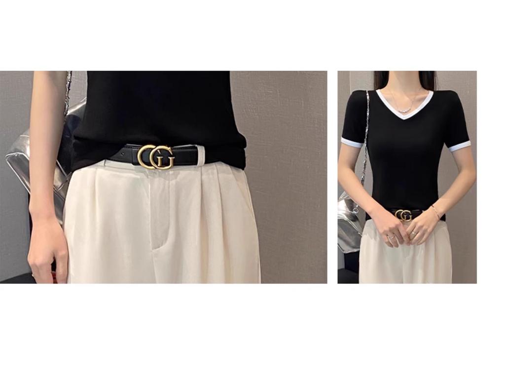 Women's V-Neck Color Block Short Sleeve T-Shirt, 2025 Spring/Summer, Slim Fit, Straight Shoulder, Low Neckline, Trendy Niche Design