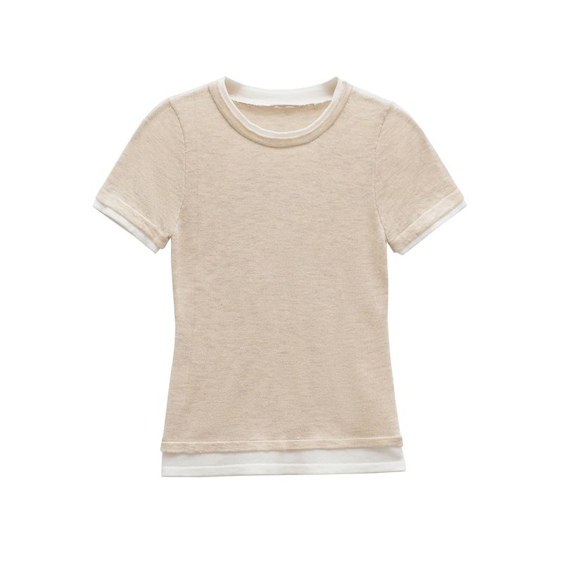 Kaslead New Arrival Women's Fashion Style Stylish Simple and Versatile Casual Double Layer T-shirt 5644318