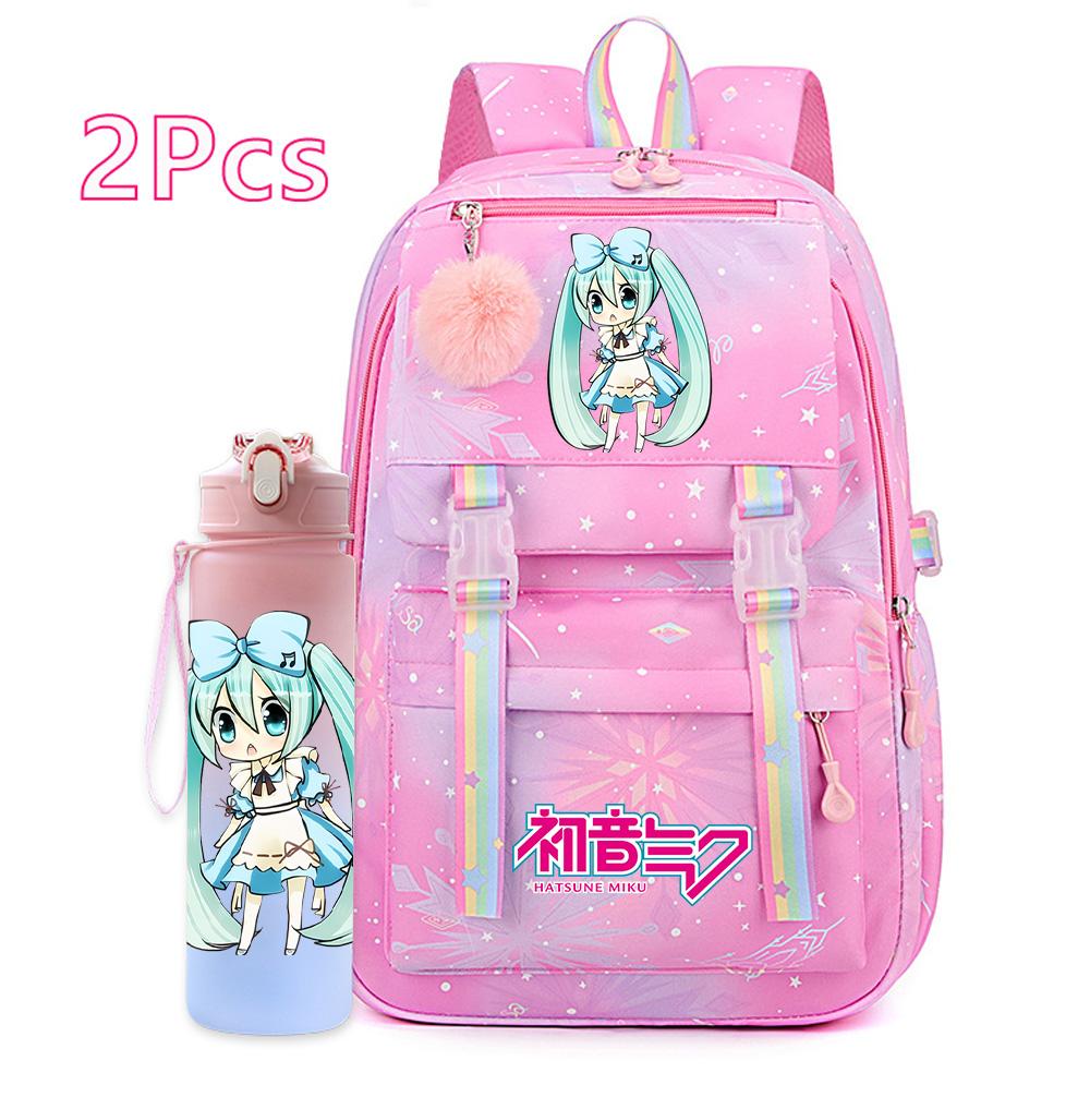 2 st/set Söt Hatsune Miku-tryckt Ryggsäck med 750 ml Vattenflaska för Tonårsflicka Pojke Skolväska Stor Kapacitet Vattentät Resväska Gåva