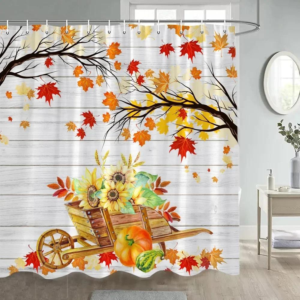 

Fall Pumpkin Shower Curtains Yellow Maple Leaves Sunflower Black And White Buffalo Check Rustic Autumn Bathroom Decor With Hooks W60H190(CM)-1 Pcs