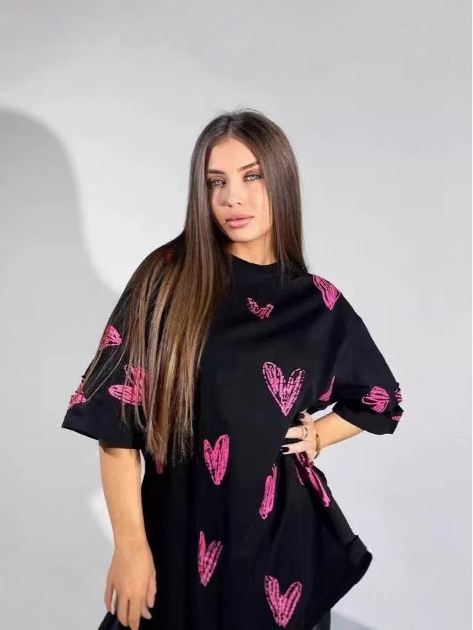 American Retro 100% Cotton Heart Embroidery T-Shirt