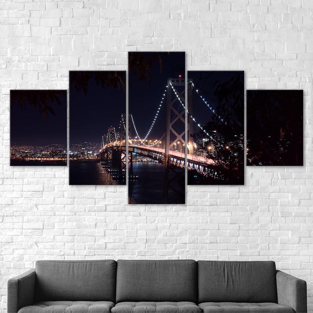 San Francisco Oakland Bay Bridge Night View 5 Piece Five Panel Wall Canvas Print Modern Art Poster Picture Home Decor Gift For Him For Her