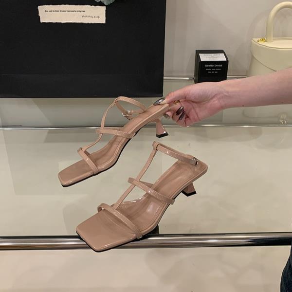 Fashion Cross Female Sandal Med Comfort Shoes for Women Mid-Calf Strap 2025 Summer High Heels Square Toe Girls Medium Buckle High-heeled