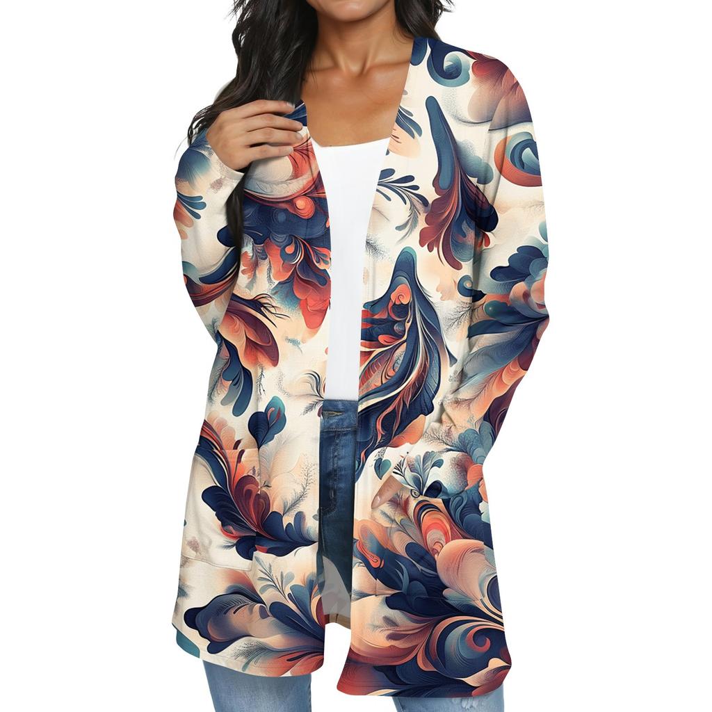 Women's Fashion Casual Retro Floral Print Mid-Length Cardigan Jacket