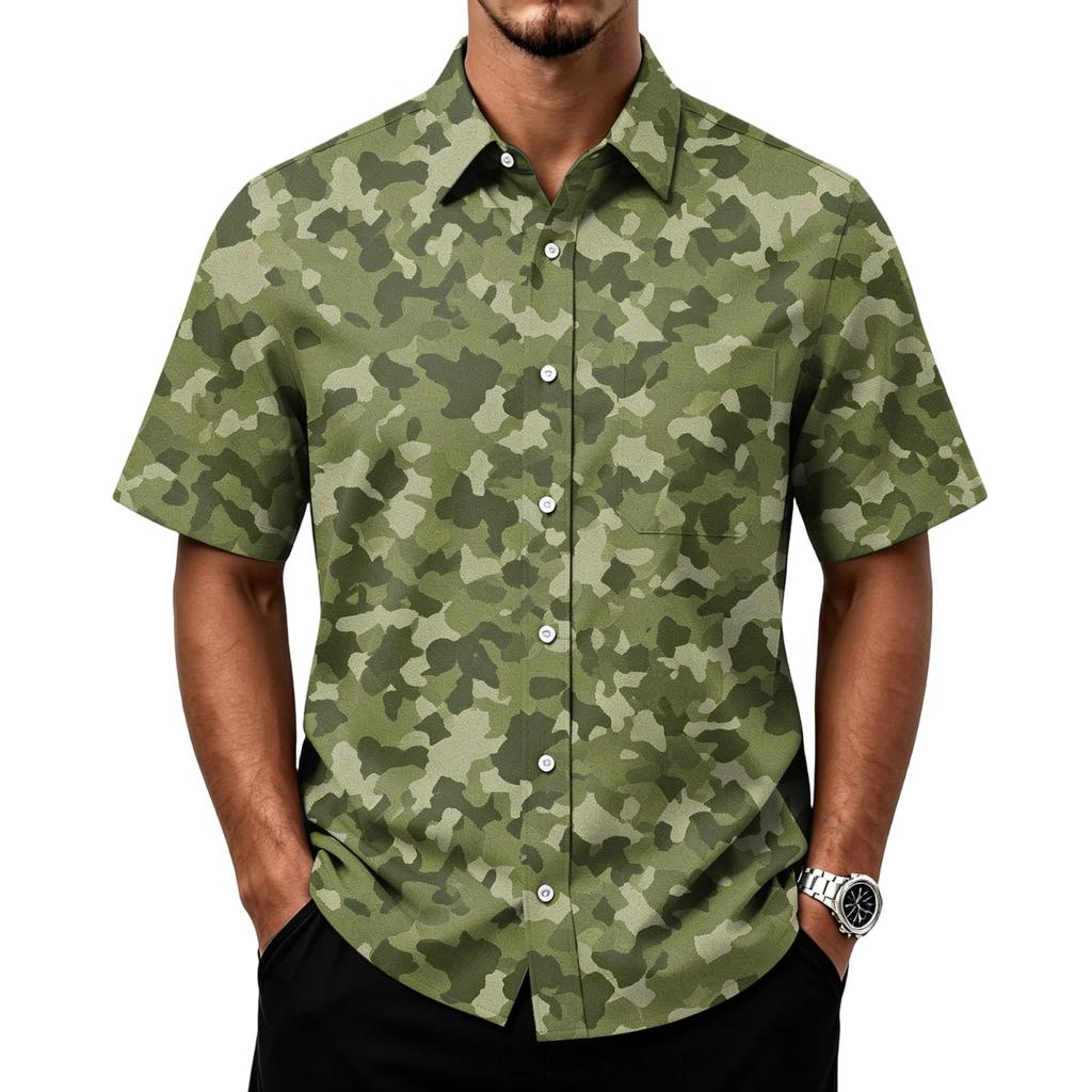 Men's Casual Short Sleeve Button Down Shirt Lightweight Breathable Fabric Classic Fit with Front Pocket Camouflage Print
