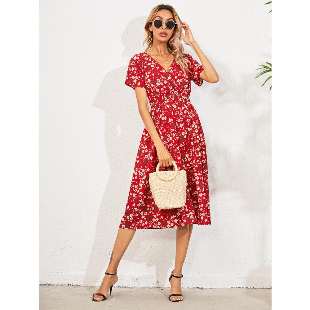 Summer new floral short-sleeved dress women s V-neck casual skirt S