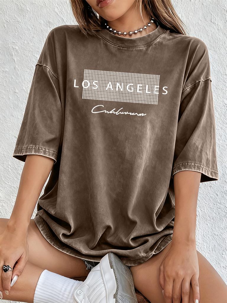 Los Angeles California Usa Prints Washed TShirts Womens Cotton Oversized T Shirt Summer Short Sleeve Tops Street ONeck Clothes