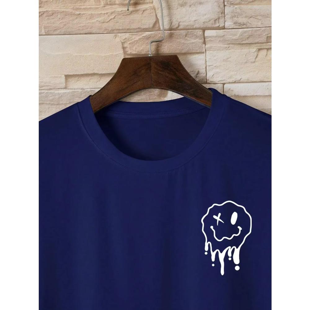 The T-shirt with a fun smiling face printed on it is melting, men's fashionable oversized T-shirt, summer cotton clothing, loose