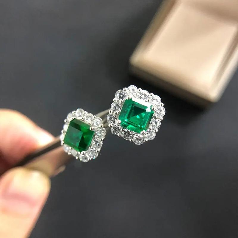 100% 925 Sterling Silver 7*7MM Asscher Cut Emerald High Carbon Diamond Gemstone Vintage Ear Studs Earrings  Fine Jewelry Party