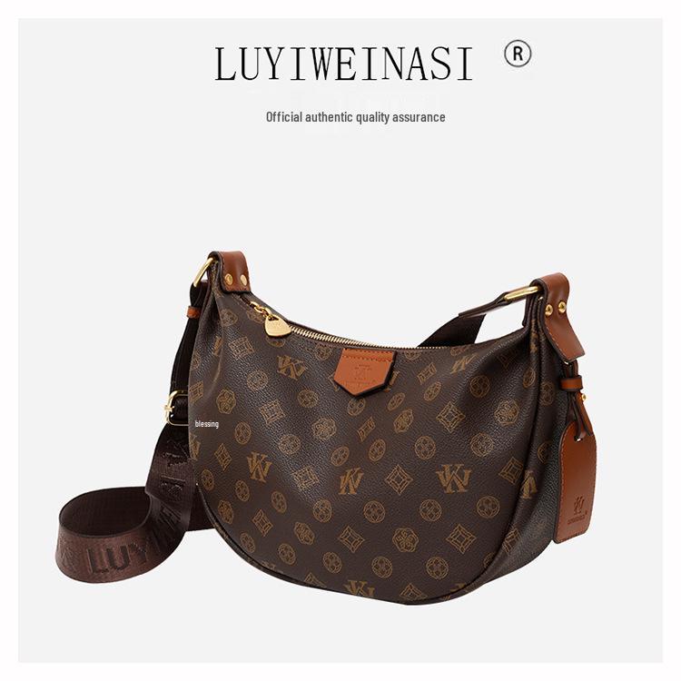 Elegant Women's 2025 Retro Monogram Dumpling Crossbody Handbag with Wide Strap and Large Capacity