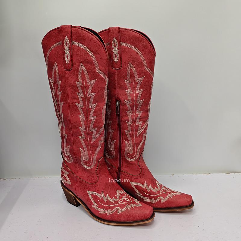 Fashion IPPEUM Western Cowboy Boots For Women Knee High 2024 New Red Plus Size 44 Cowgirl Shoes