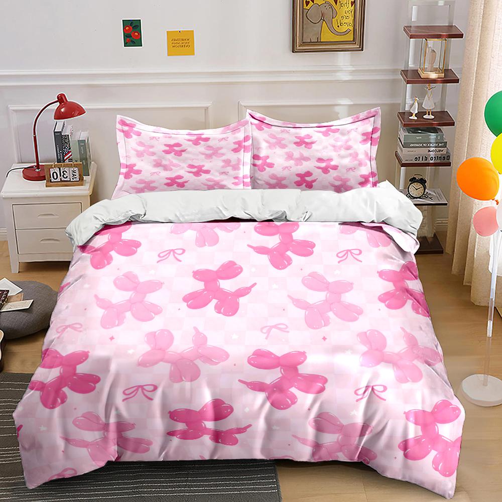 Pink Balloon Dog Pattern Background Print Bedding Set 1 Duvet Cover 2 Pillowcases For Adult And Children Luxury Gift Full Size