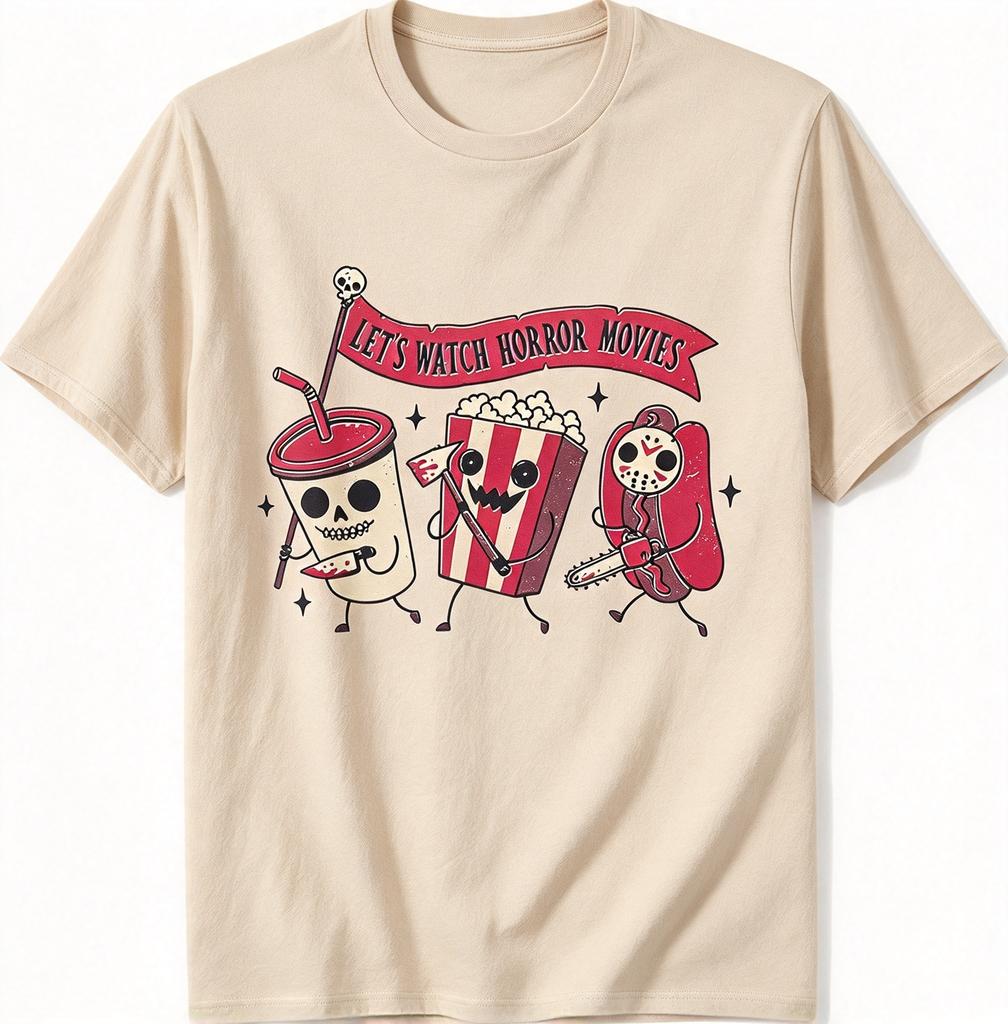 2026 Cute Horror Movie Snack Cartoon Crew Neck Tshirt Vintage Food Character Graphic Casual Short Sleeve Top Unisex Unisex