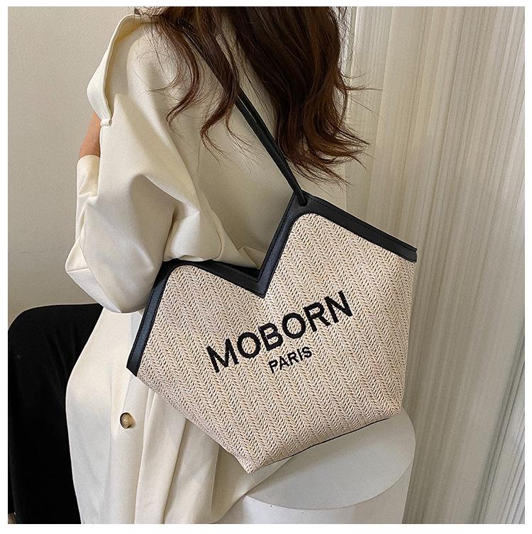 2025 Snygg Strandväska i Halm för Resor för Kvinnor: Mångsidig flätad axelväska