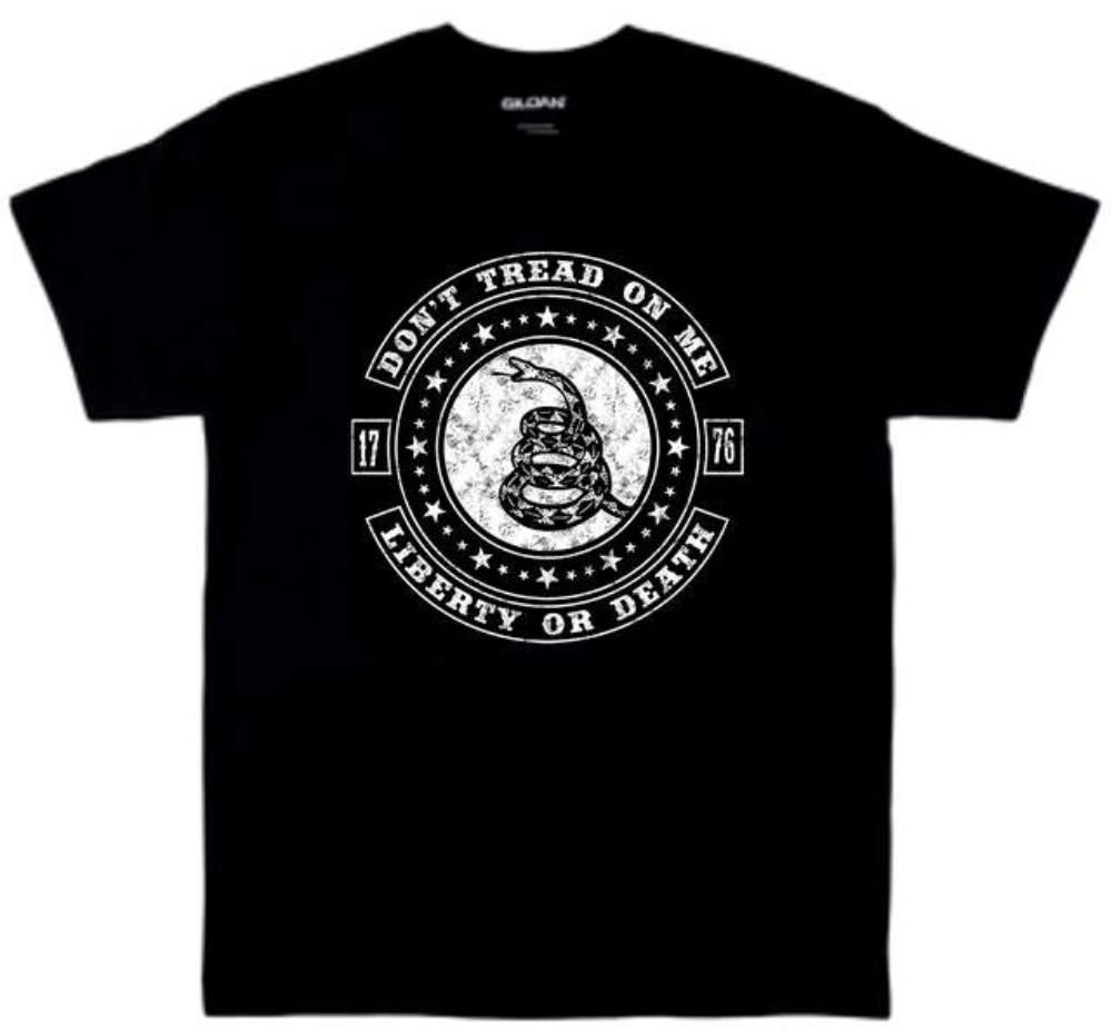 Dont Tread on Me Liberty or Death 1776 Rattlesnake Patriotic Flag TShirt Premium Cotton Short Sleeve ONeck Mens T Shirt S