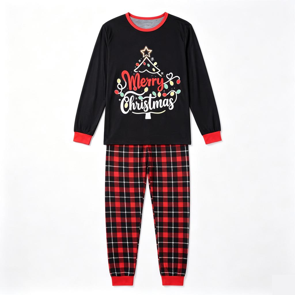 Christmas Pajama Set, Xmas Tree & Letter Print Long Sleeve Tops and Pants Sleepwear, Family Matching Christmas Pajamas Set for Men Women Boys & Girls