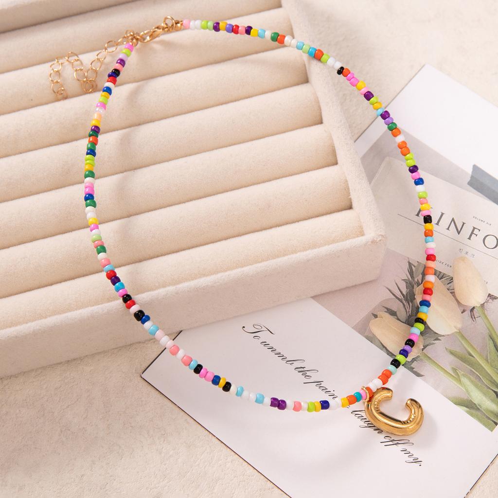Bubble Alphabet Colored Rice Beads Handmade Beaded Delicate Beach Bohemian Necklace Collarbone Chain
