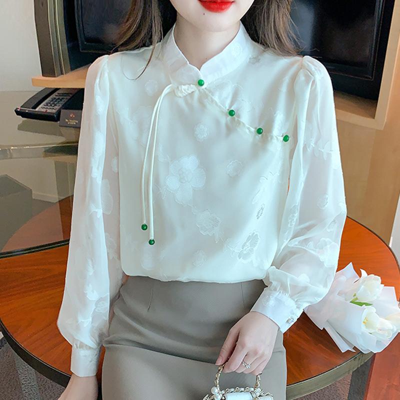 

2025 Весна Новые женские блузки в китайском стиле, рубашки с длинным рукавом и воротником-стойкой, черно-белая шифоновая блузка, рубашка, женские топы J771 2XL абрикосовый