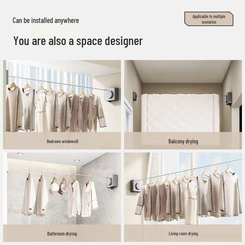 Indoor No-Drill Retractable Clothesline - Windproof Tightening Steel Wire for Bathroom and Balcony