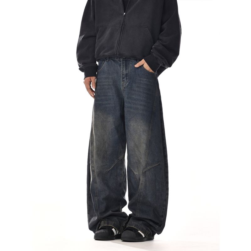 American Retro Washed Machete Denim Men and Women Handsome Fried Street Stylish Loose Casual Straight-Leg Wide-Leg Pants