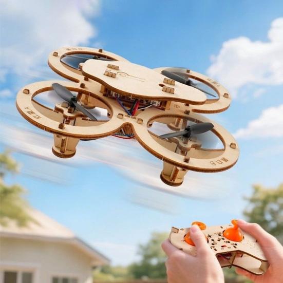 Wooden Drone Puzzle Model Kit DIY Handmade Remote Control Drone Building Set Kids Adults Mini RC Quadcopter Assembly Toy