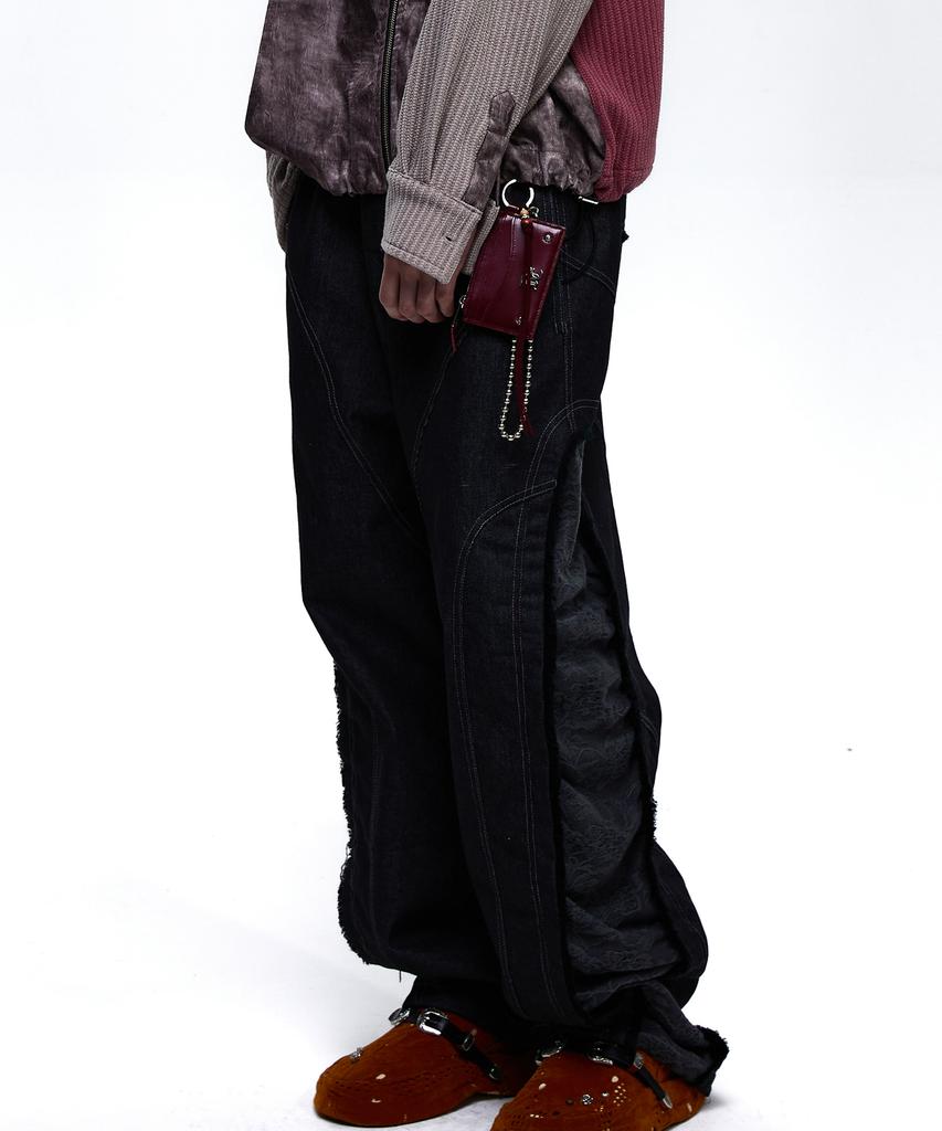 Aleseueseussi Incision Jacquard Mixed Pants - Black