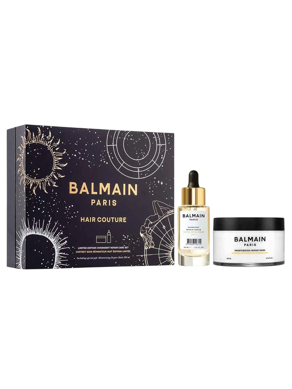 Sada Balmain Professionnel: Přes noc, Rostlinné oleje, Sérum na vlasy, Regenerační, 30 ml + Hydratační, Vlasová maska v krému, Pro regeneraci, 200 ml