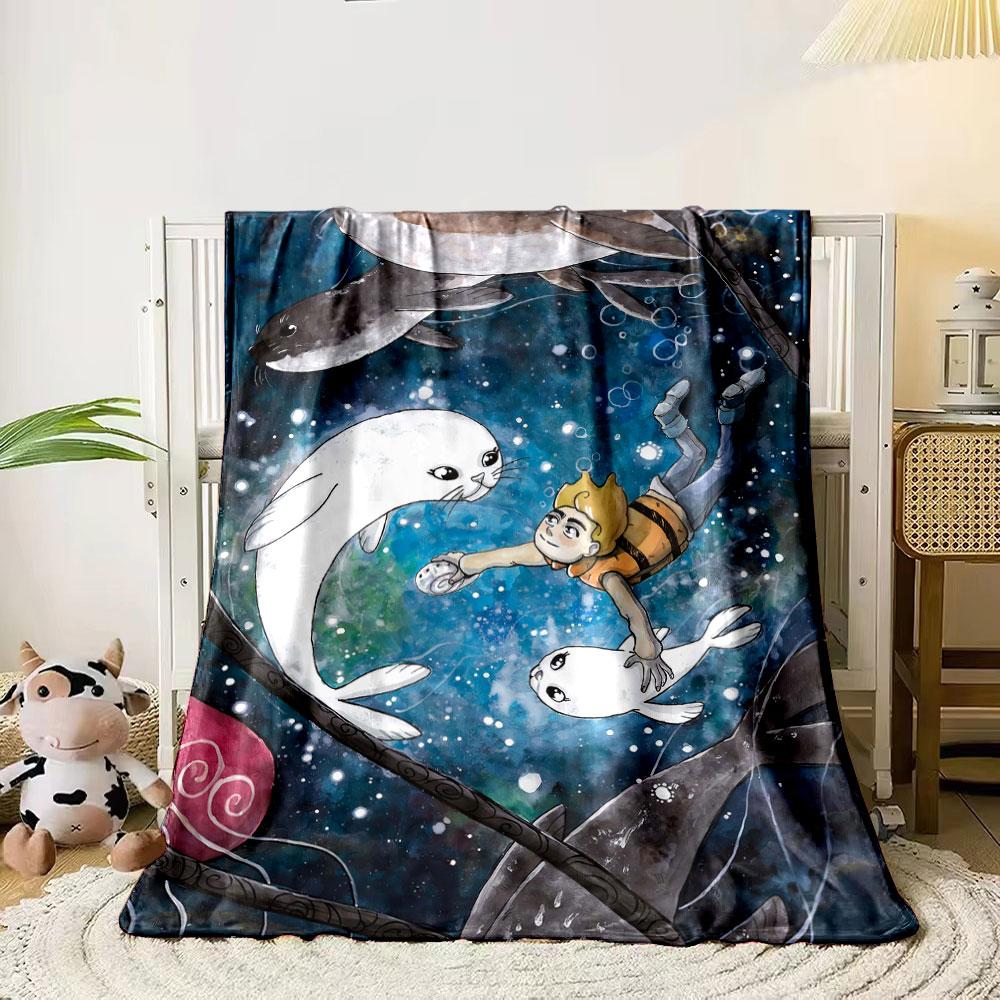 Ein Junge schwimmt unter Wasser mit Robben inmitten von Blasen und einem bunten Hintergrund. Decke für alle Jahreszeiten Mittagspause Überwurf Geschenk