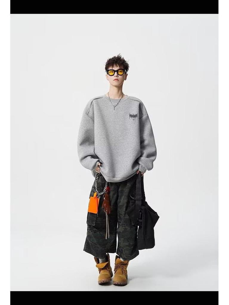 Men's American Heavyweight Crewneck Hoodie 2025: Trendy, Loose-Fit Casual Long Sleeve for Autumn/Winter
