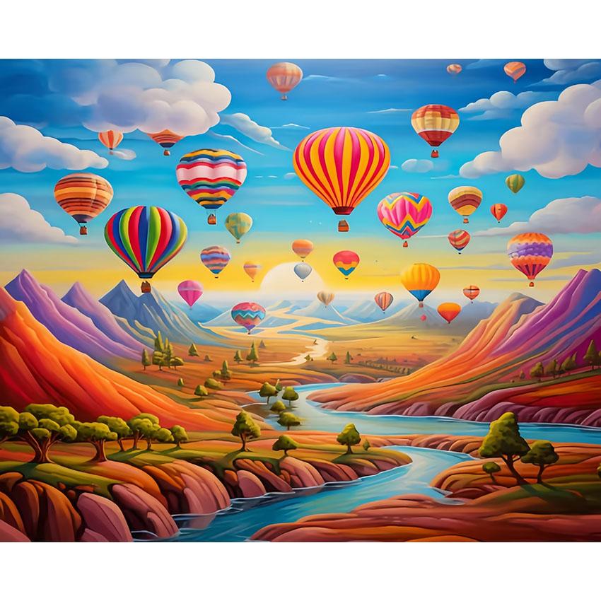 Hot Air Balloon Mountains Printed Landscape Diy Resin Square Dots Diamond Painting Kit with Velvet Canvas Fairy Dust Fair Drills