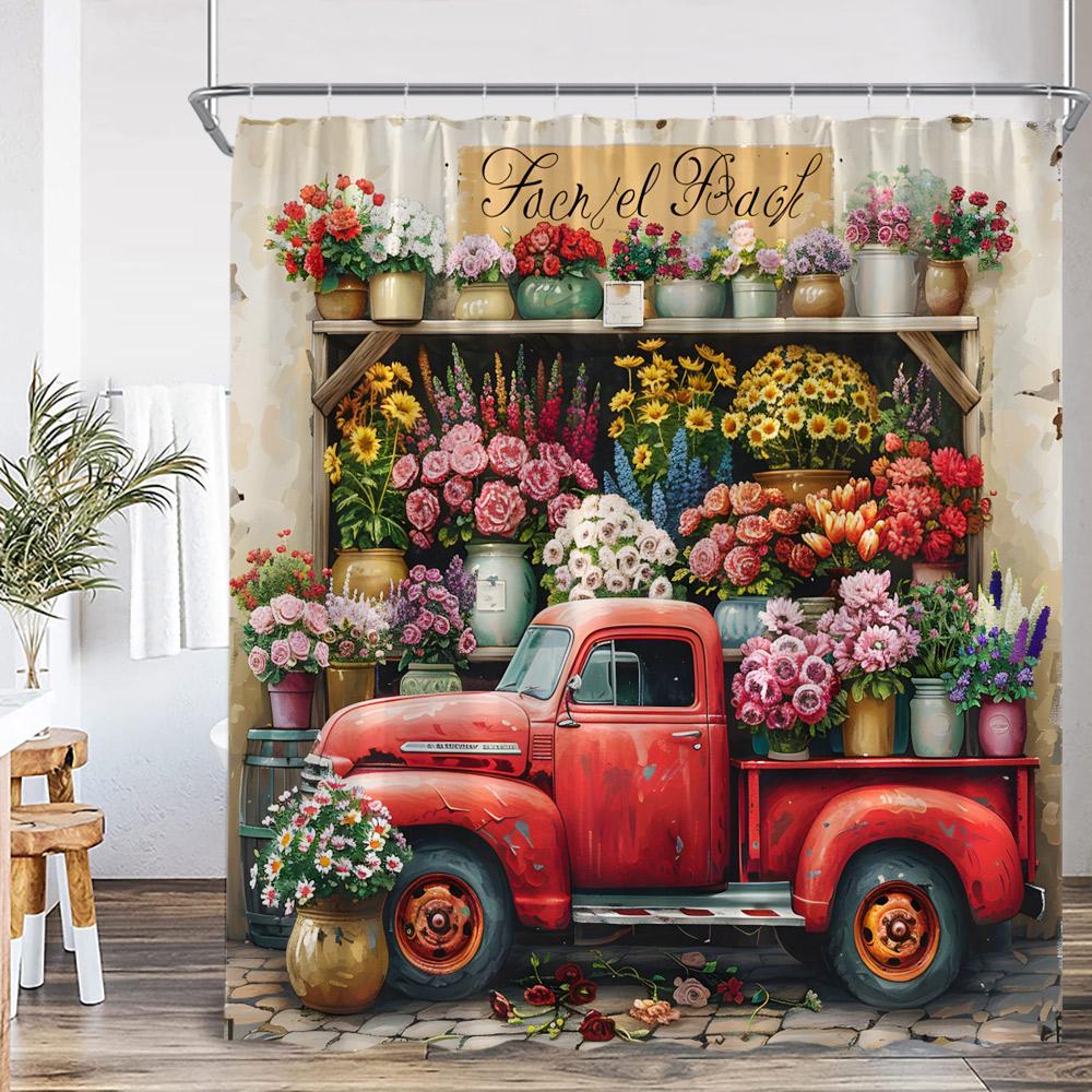 

Flower Shop Spring Shower Curtain Red Truck Blue Pickup Vintage Floral Bathroom Home Decor Polyester Bathtub Curtain with Hook 90x180cm-35x70in
