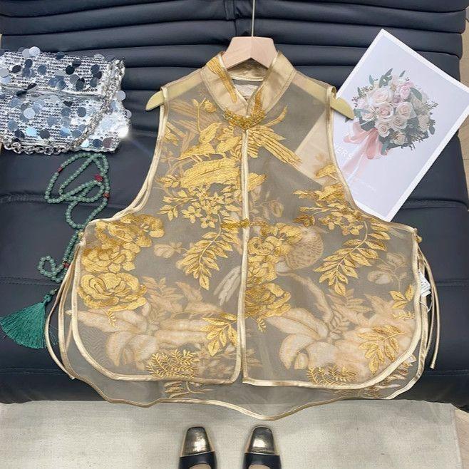 

Мода 2025 новый темперамент ретро китайский воротник-стойка пряжка вышитый жилет античный летний топ M (under 50kg recommended)