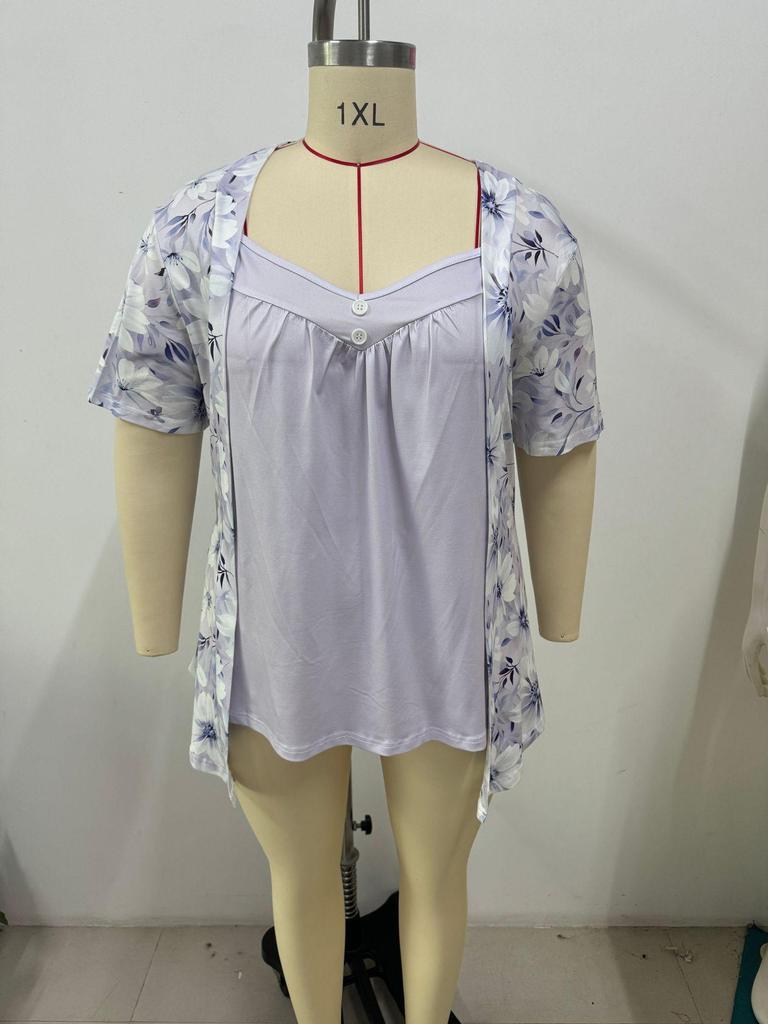 2025 Spring/Summer Women's Fake Two-Piece Short-Sleeve Button Print Top