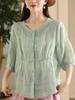 Johnature Women Embroidery Floral Shirts O-Neck Half Sleeve Tops Summer Solid Color Women Button Blouses