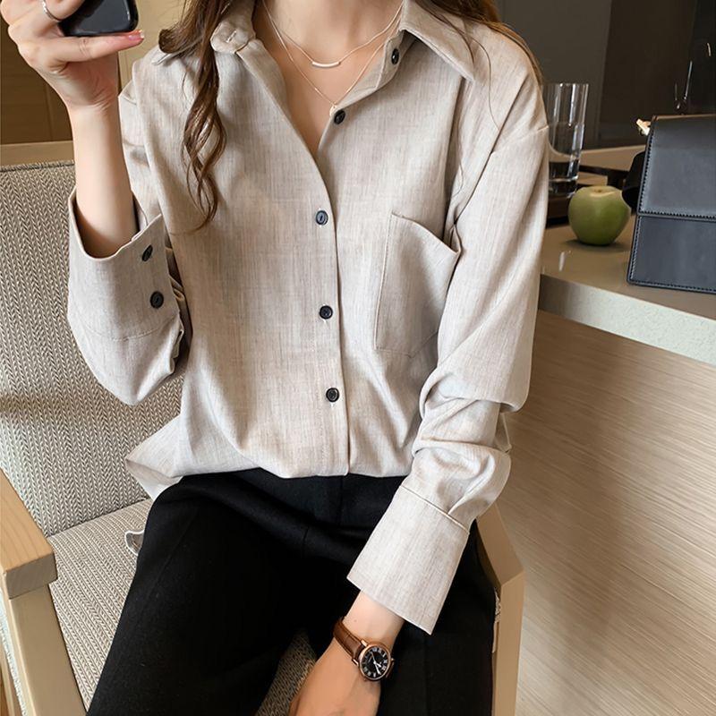 Korean Women's 2024 Spring Autumn New Splicing Polo Collar Button Pocket Fashion Solid Loose Casual Long Sleeve Blouses Shirts
