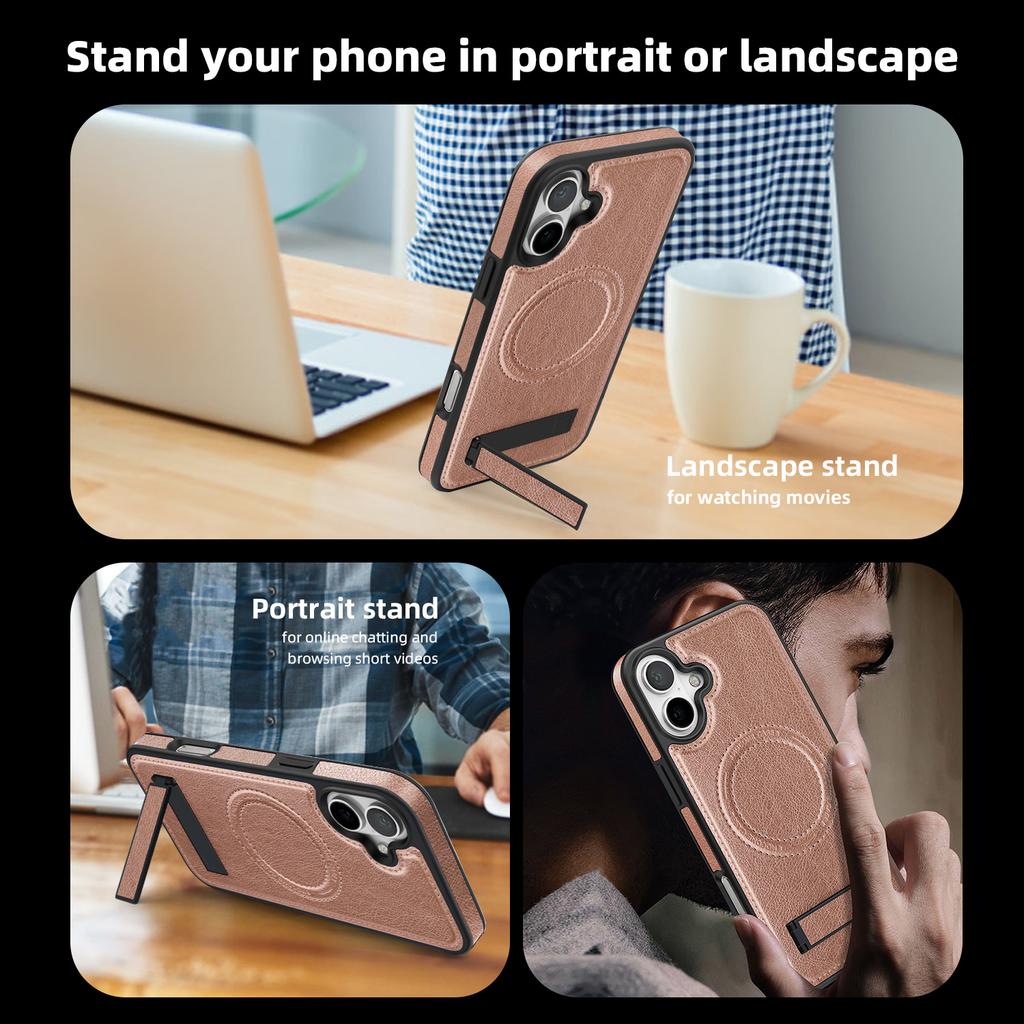 For iPhone 16 Plus Case Compatible with MagSafe with Folded Kickstand PC Silicone Leather Phone Back Cover