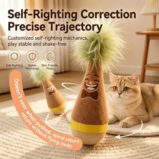 Pet Stimulation Toy for Indoor Play Wooden Wobble Cat Toy, Self-Righting Tumbler with Feather Cats, Interactive Plush Hunting Cats Punching Bag Stable
