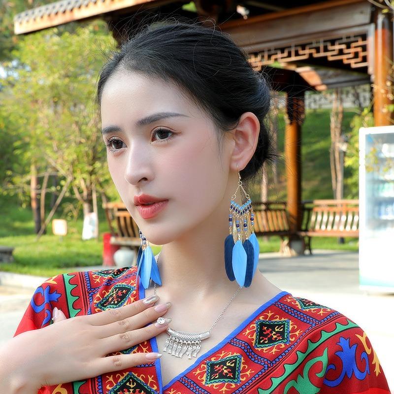 

Новые винтажные серьги в этническом стиле Bohemian, длинные серьги с кисточками в виде перьев, экзотические украшения
