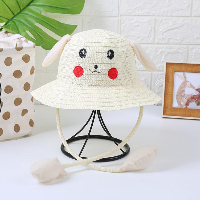 Children'S Straw Hat Summer Sun Protection Sun Hat Cute Pikachu Ears Can Move Rabbit Hat Outdoor Tourist Attractions