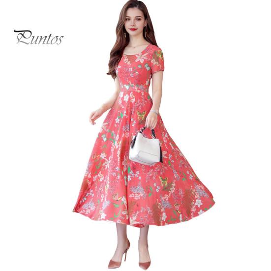 

Женское летнее платье с цветочным принтом, пляжное платье длиной до середины икры с узкой талией, короткими рукавами, круглым вырезом, платье А-силуэта для вечеринки в отпуске M красный