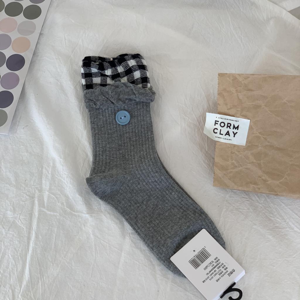 Autumn Gray Gray Double Needle Stack Socks Women'S Medium Stripe Solid Color Lace Double Screw Mouth Simple And Versatile