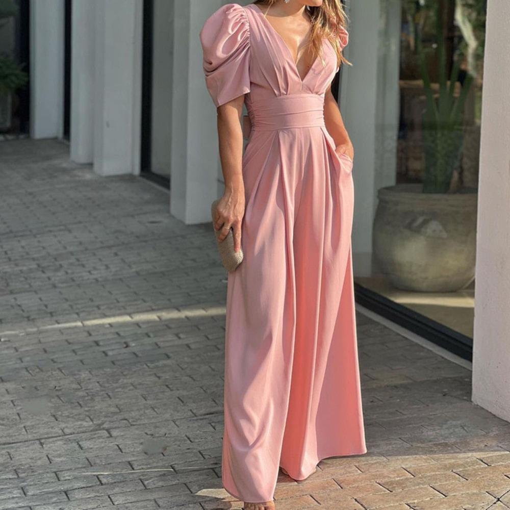 Women's V Neck Puff Sleeve High Waist Solid Elegant Wide Leg Jumpsuit Romper
