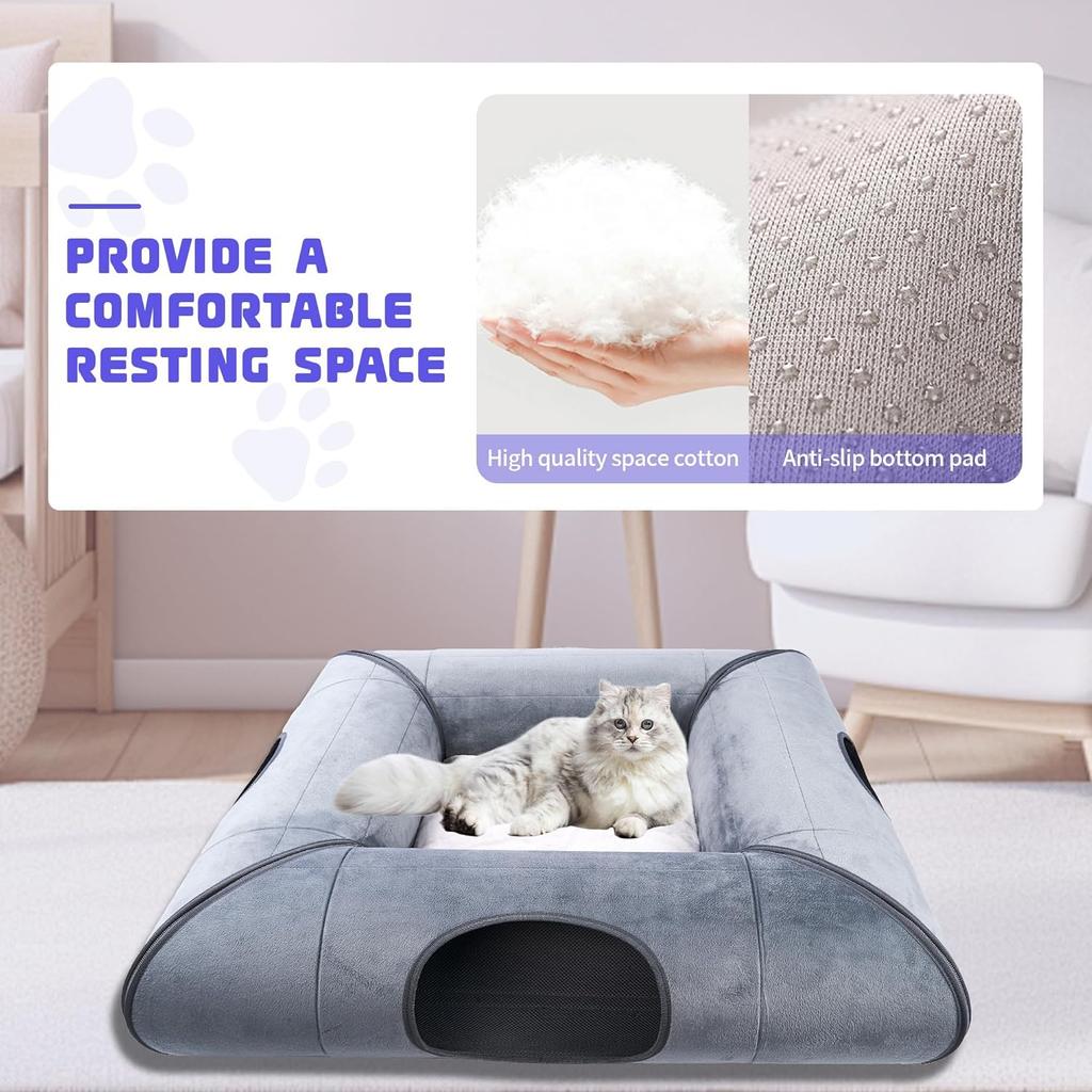 Indoor Cat Cave Bed, Scratch-Resistant Tunnel with Removable Pad, Gray, for Small To Medium Cats