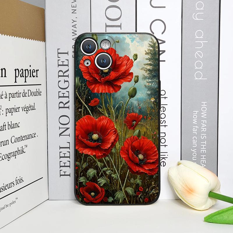 Retro Poppy Flower Bloom Hot Red Printed Phone Case for iPhone 17 16 12 11 14 Plus 13 14 15 Pro Max Mini X XS Floral Soft Cover