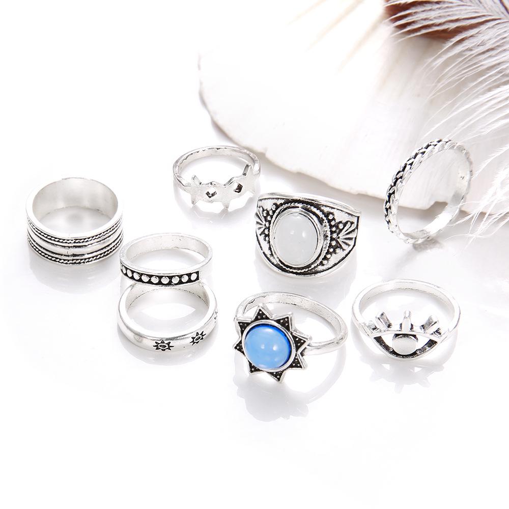 Legierung Antik Silber Teufelsauge Stern Edelstein 8-teiliger Damenring