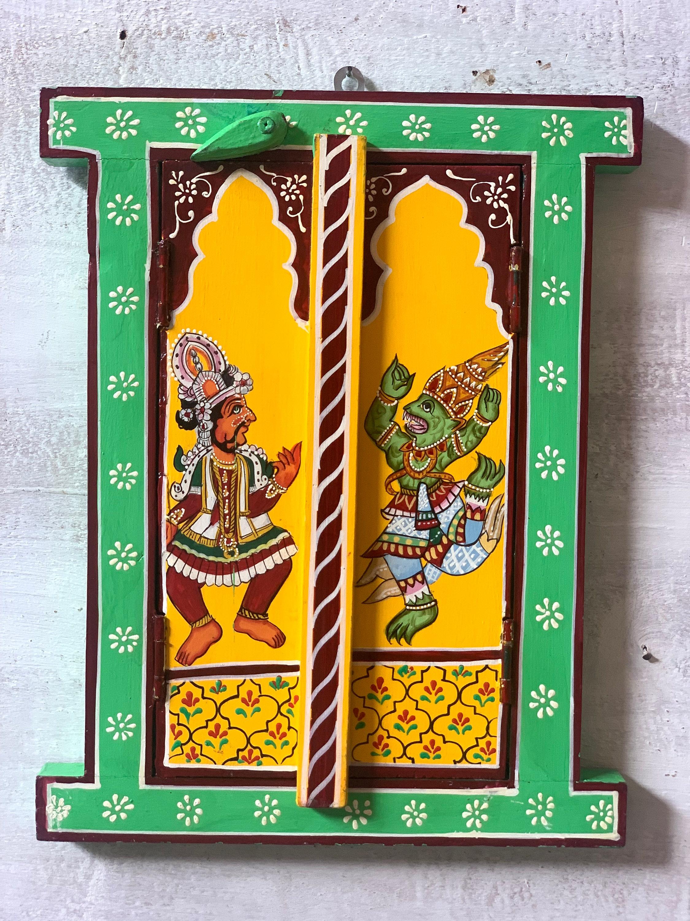 

Hand Painted Narasimha Avatar Window: Indian Home Decor 18” X 9” X 24” (l x w x h) різнокольоровий