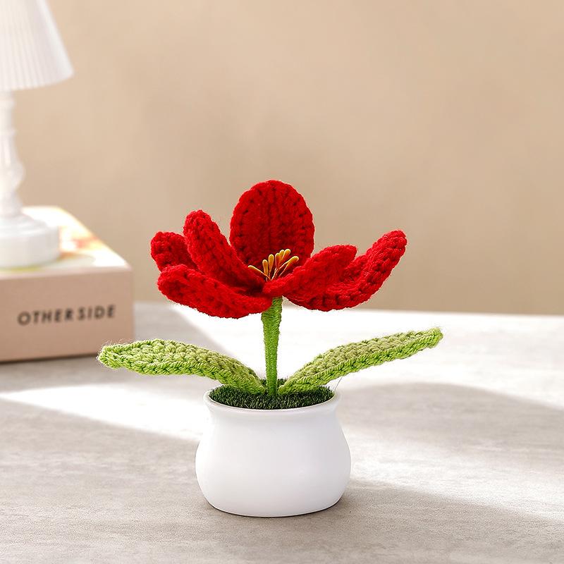 Knitting Tulip Flowers with Potted Cute Crochet Flower Fake Plant Party Gift Home Decor Tulip Woven Flower