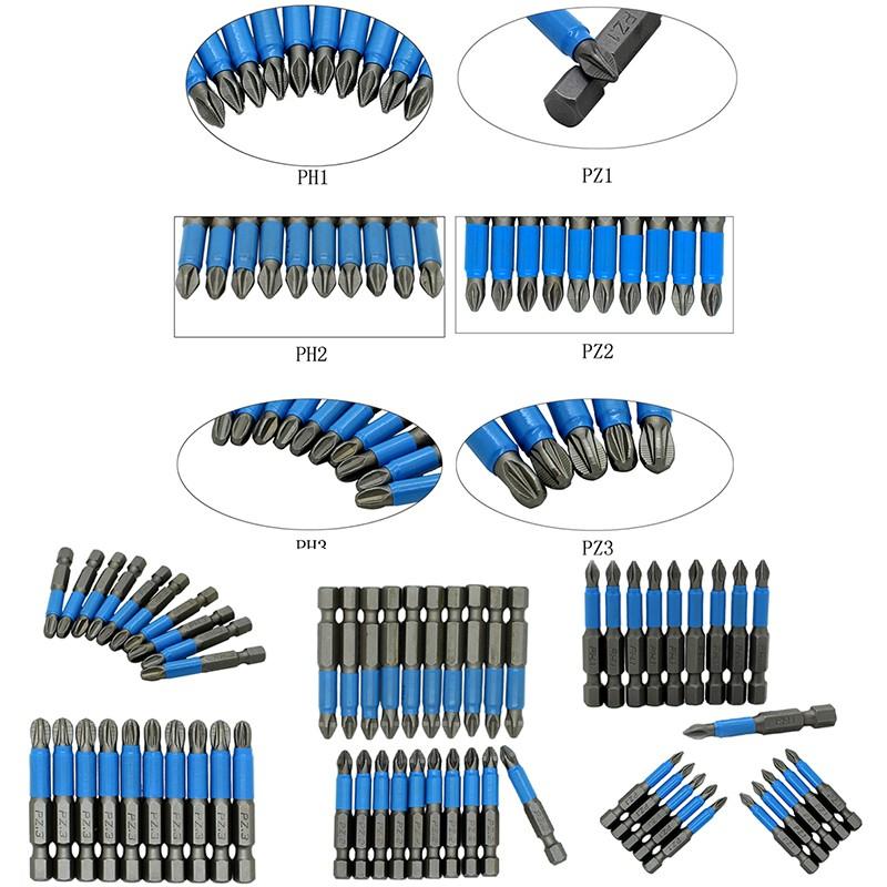 Magnetic Screwdriver Bits PH1/PH2/PH3/PZ1/PZ2/PZ3 Alloy Steel 10pcs 50mm